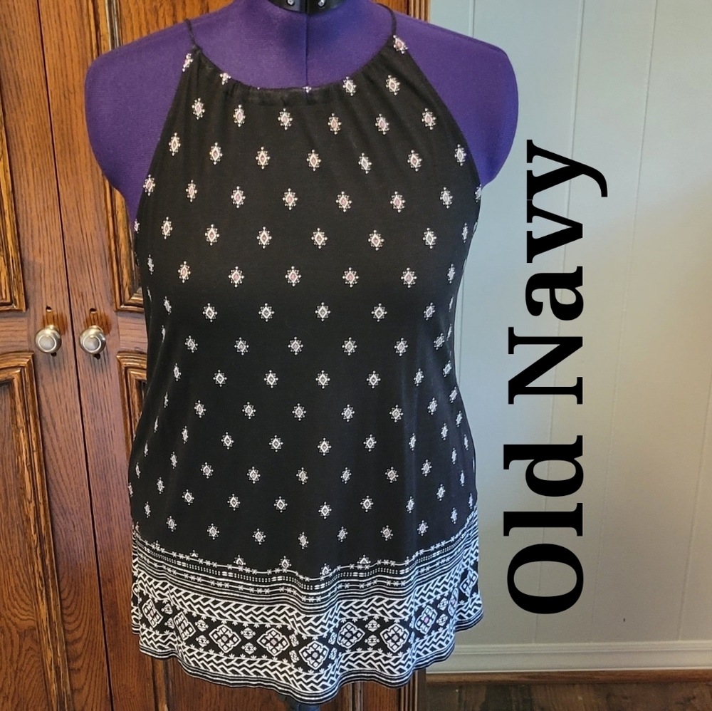 Old Navy black multi color sleeveless string halter mini dress top sz: M
